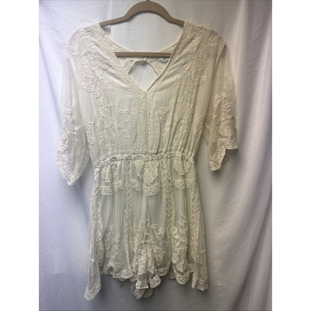 Davi & Dani Linen and Lace Romper Open Boho Fairy Cottage Core Rodeo Western